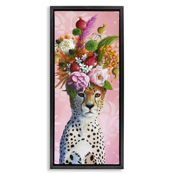 Serious Cheetah & Florals Black Framed Floater Canvas Wall Art, design by Heather Gauthier