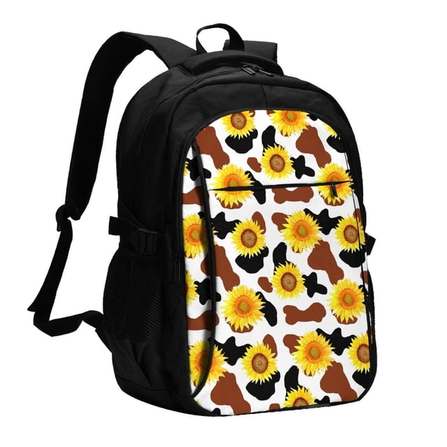 Balery Sunflower Cow Mochila con carga USB para hombre y mujer - Mochila impermeable y antirrobo para laptop con puerto USB para viajes, trabajo