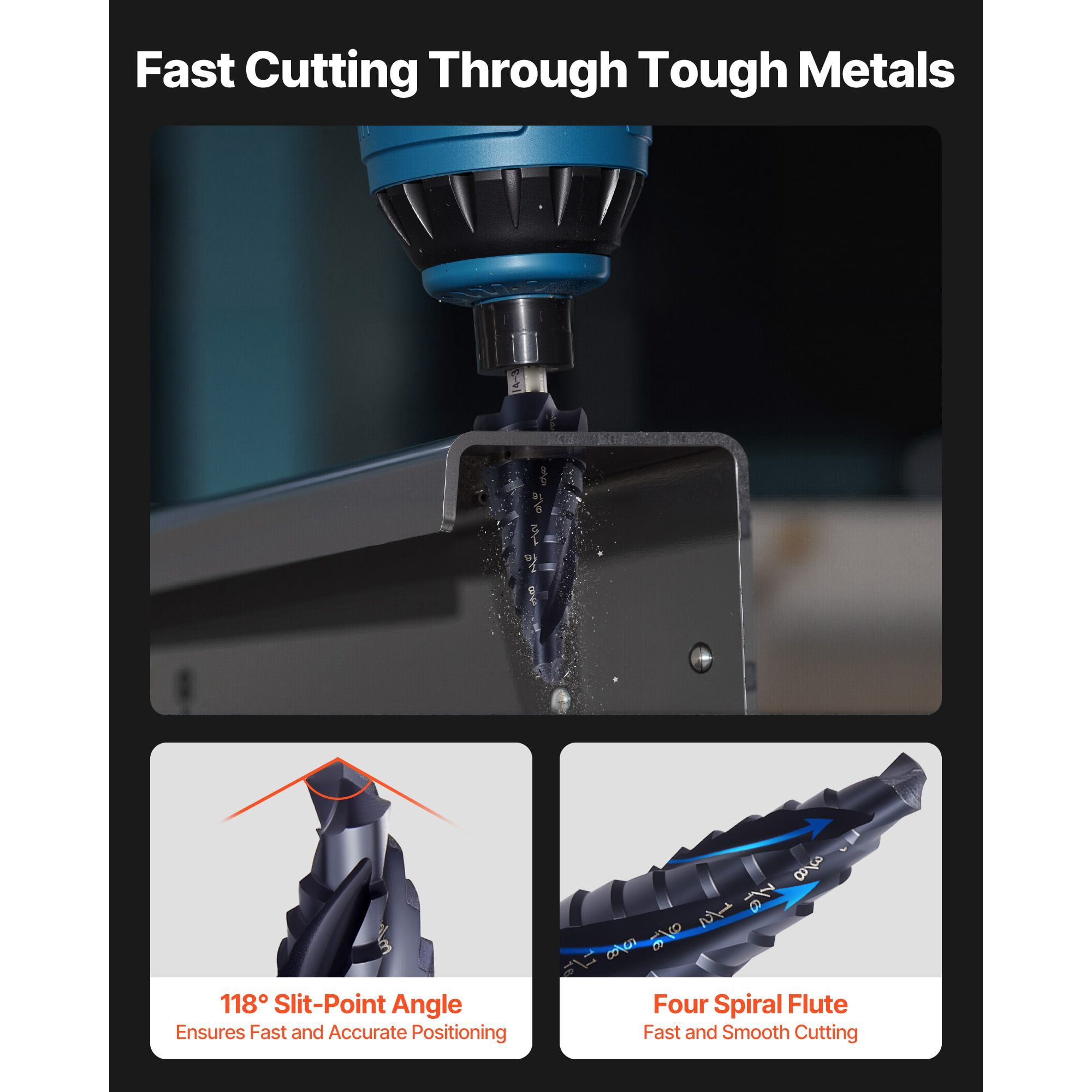 Dranite Step Drill Bit, 1/4" to 3/4", TiAlN Coating Cobalt HSS, Hex Shank for Metal/Wood