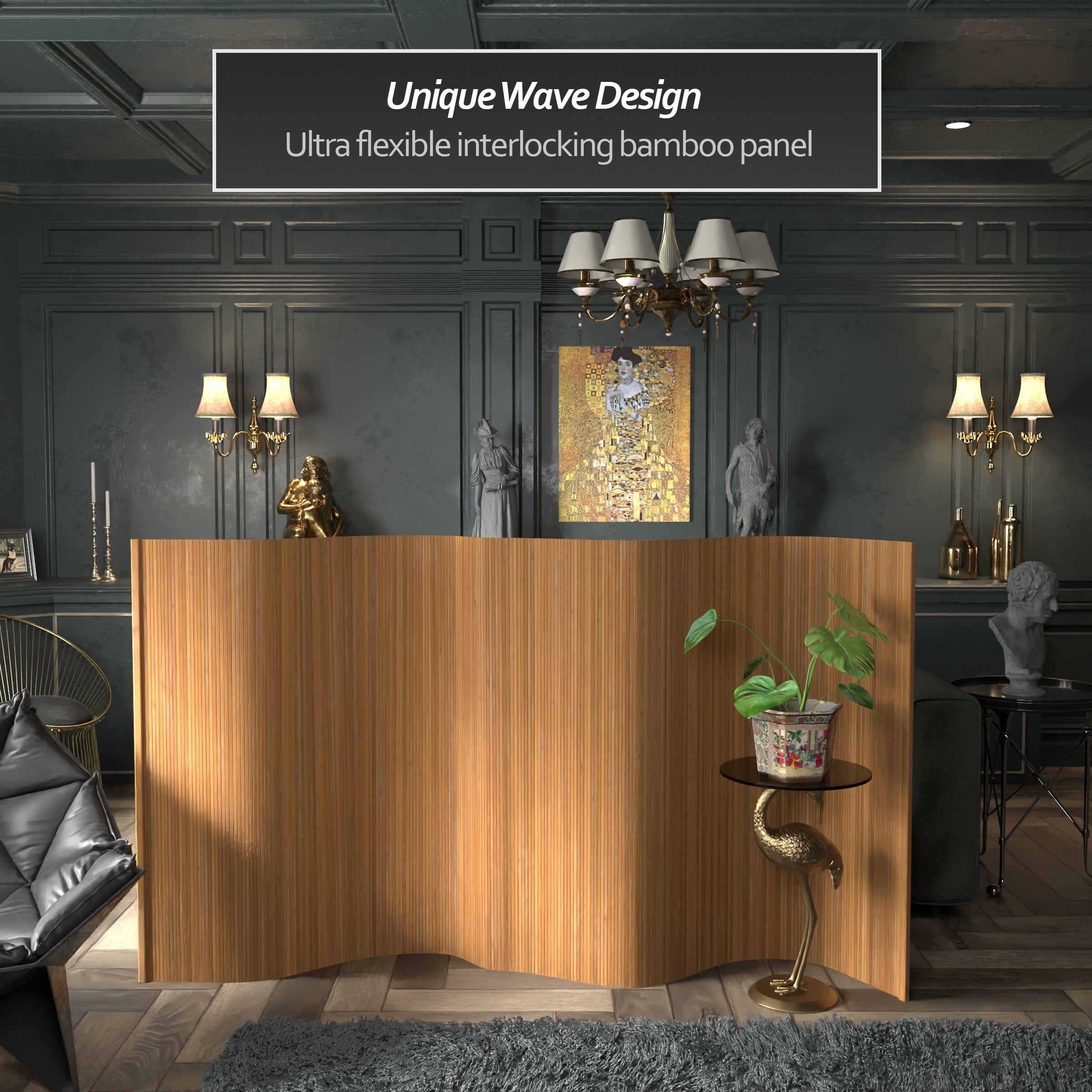 4 ft. Natural Bamboo Wave Room Divider Screen with Roll Up Design