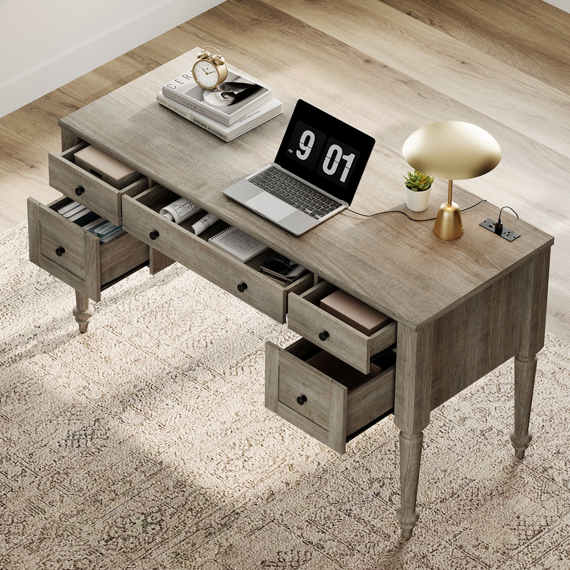 Farmhouse 56'' Executive Desk featuring 5 Drawers, Home Office Workstation with Built-in Charging Station, Wooden Computer Desk with Rear Storage Compartment, Wash Gray