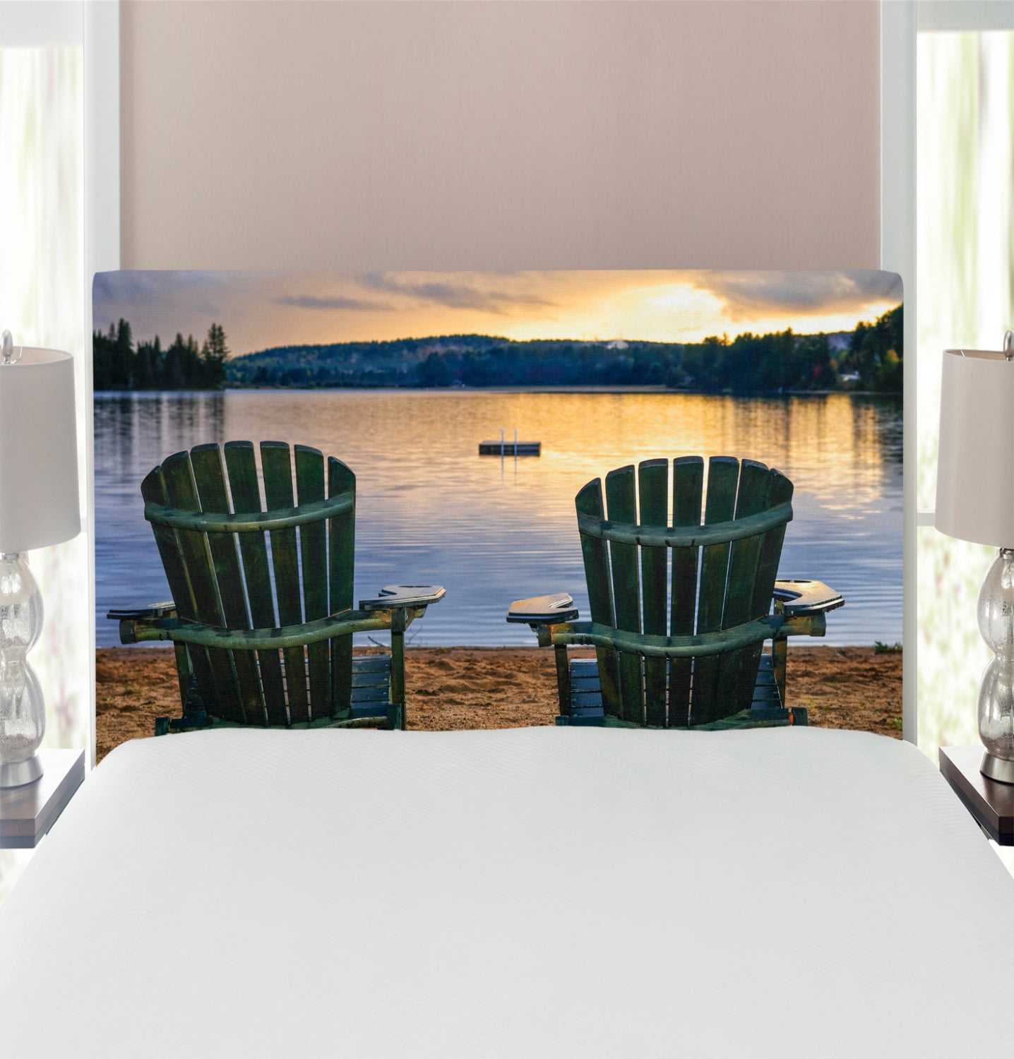 Seaside Headboard, 2 Wooden Chairs on Relaxing Lakeside at Sunset