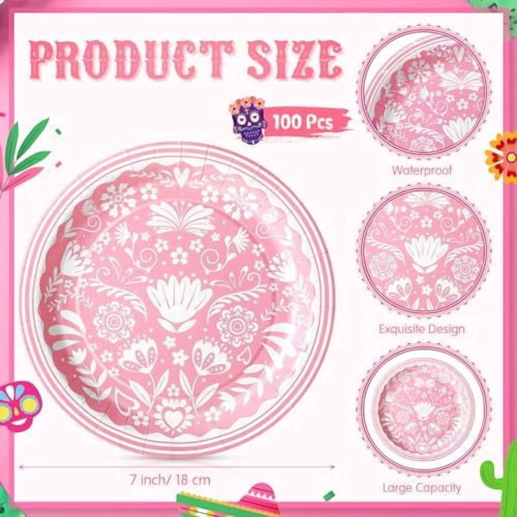 100 Pcs Pink Cielito Lindo Paper Plates 7 Inch Cinco De Mayo Cielito Lindo Baby Shower Decoration Mexican Floral Disposable Cake Dessert Plates for Fiesta Birthday Party Supplies