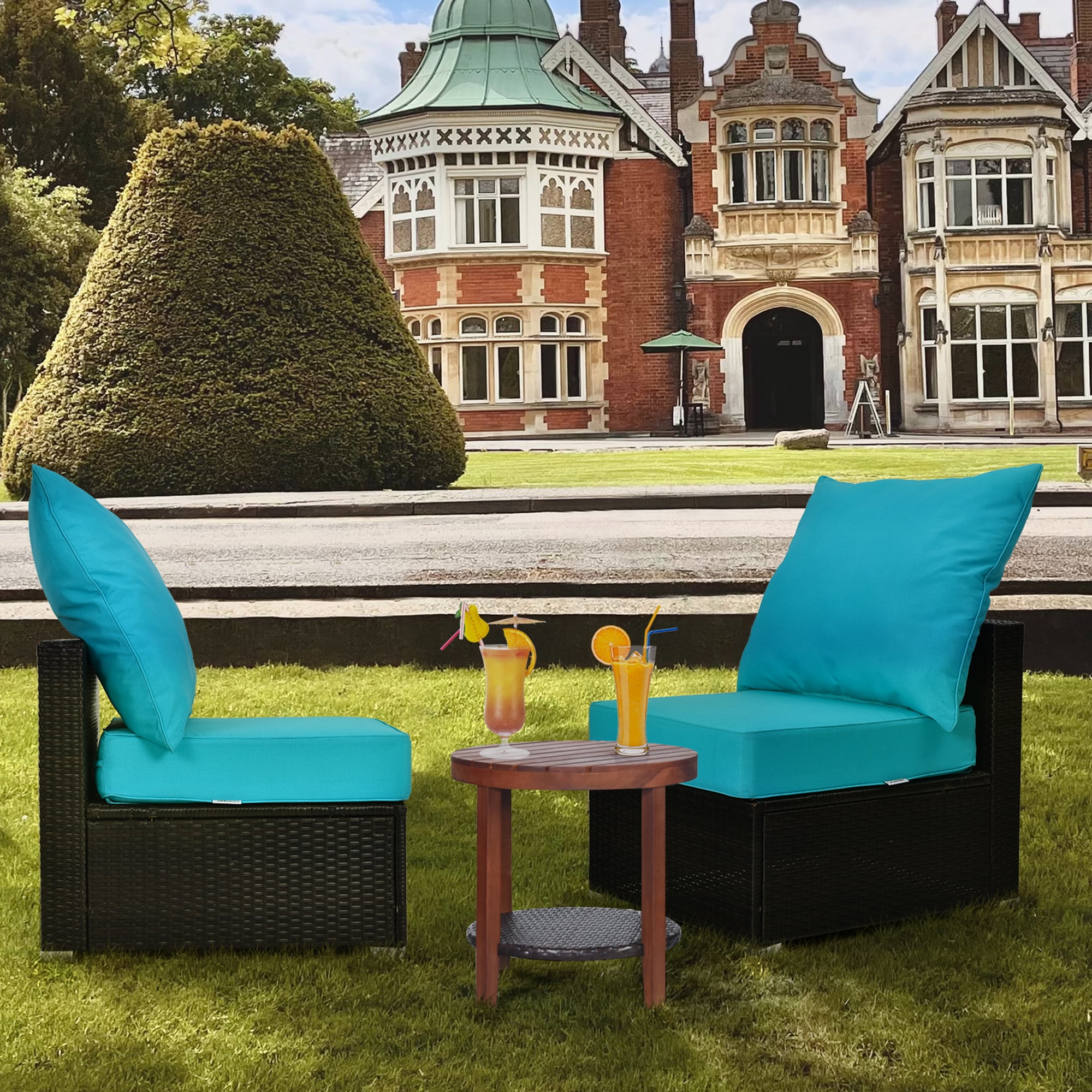 Gymax 2PCS Deep Seat Chair Cushion Pads Set Indoor Outdoor W/ Rope Belts Turquoise