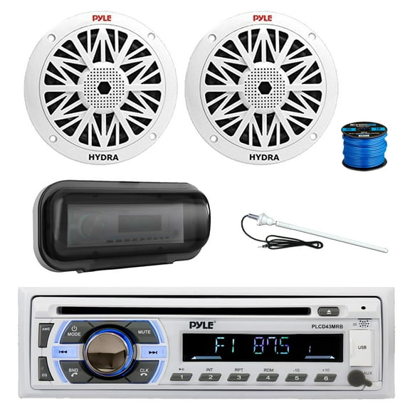 Pyle PLCD43MRB Marine Single DIN Bluetooth CD Stereo Receiver, Radio Cover, 2x 6.5" 200 Watt Peak Full Range 2-Way Waterproof Audio Speakers w/Wire, Long Range Antenna
