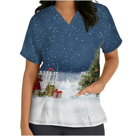 

CZHJS Women s Clothes Christams Shinny Tree Printed Tops Relaxed-Fit V-Neck Working Uniform Nursing Workwear Scrubs Top Short Sleeve Clinic Carer Shirt with Pockets Tunic White Tees