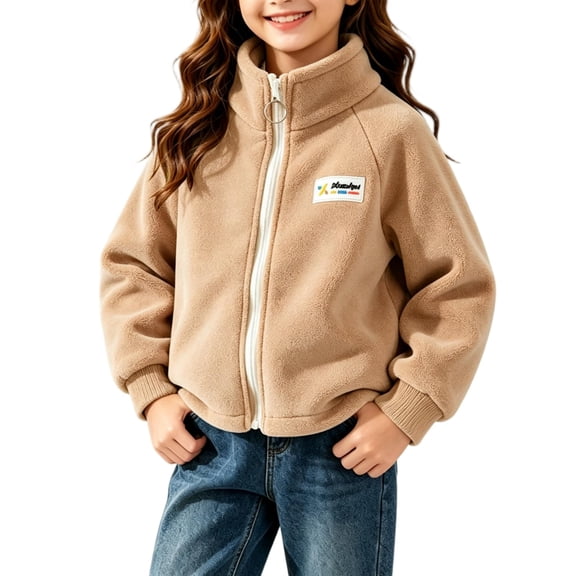 Wilark Girls Fleece Zip Up Jackets Casual Fashion Stand Collar Long SLeeve Relaxed Fit Lightweight Fall Coat Brown 2-12