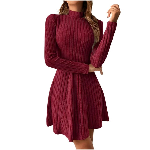 HAiming Robe Mini en Tricot pour Femmes Col Roulé Manches Longues Côtelée Couleur Unie Ligne A Automne Hiver Chandail Tendance