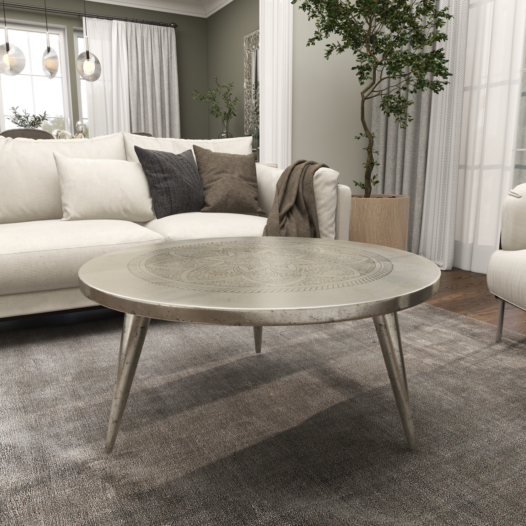DecMode Traditional Aluminum Round Coffee Table with Etched Lotus Embled Design and Polished Silver Finish, 35"W x 16"H