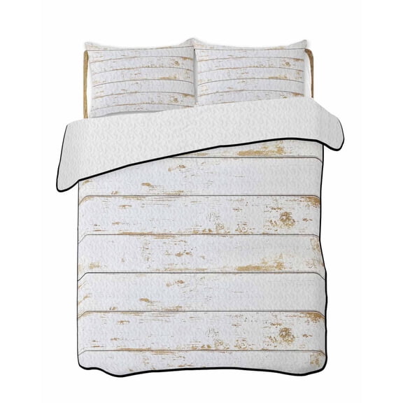 Quilt King Size Bedding Set, White Wooden Plank Reversible Summer Quilt 3 Pieces, Country Vintage Farmhouse Wood Grain Lightweight Bedspreads Coverlets with 2 Pillow Shams for All Seasons