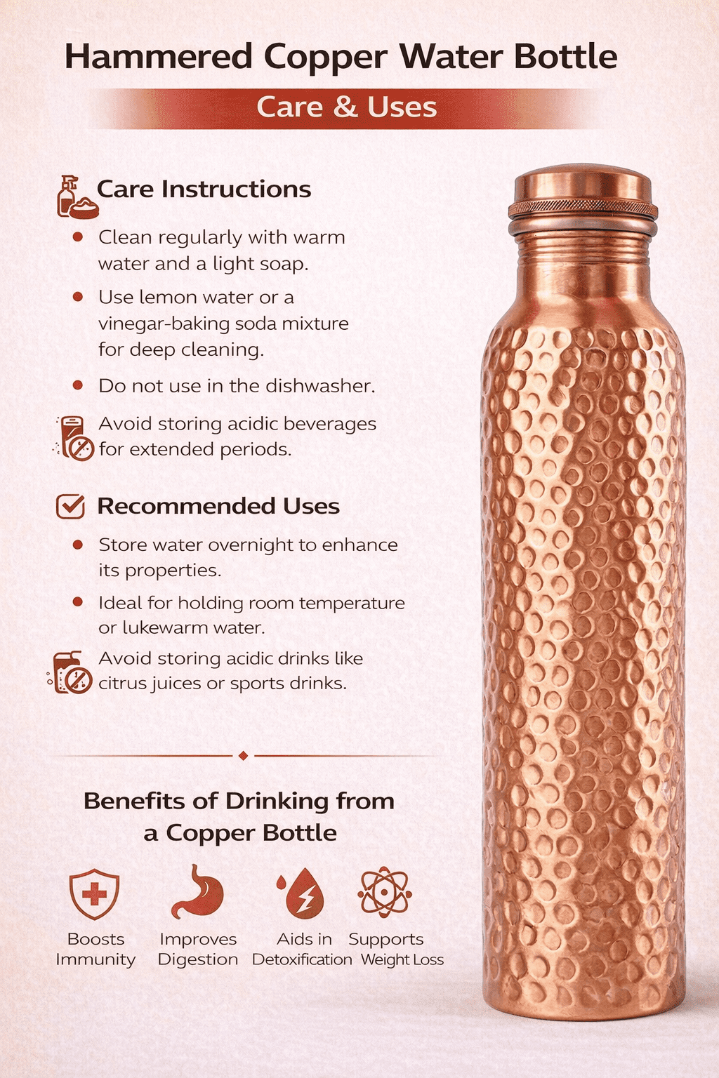 Pure Copper Water Bottle with 4 Hammered Copper Glasses | Leak-Proof Cap | Ayurvedic Healthy Drinking Set for Home & Office