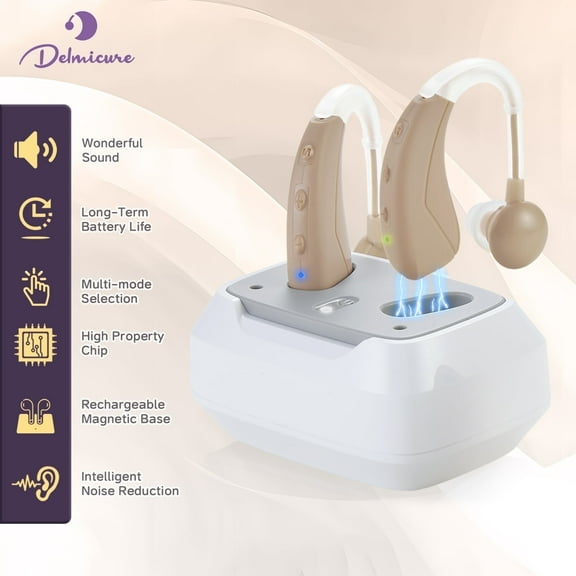 Delmicure Hearing Aids for Seniors, 4 Modes & Volume Memory, Rechargable Sound Device for Hearing Loss, HH-1021 Beige(Chanrging Dock Included)