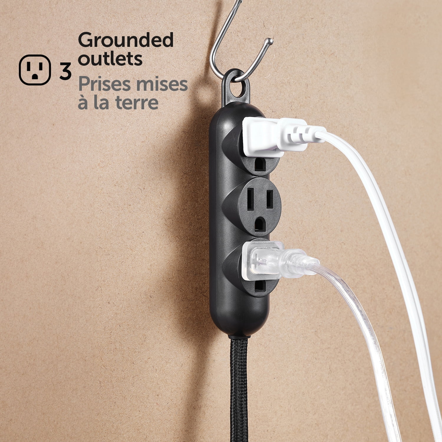 Globe Electric 12 ft. 3-Outlet 16/3 Black Fabric Extension Cord with Right-Angle Plug and Integrated Hanging Hook