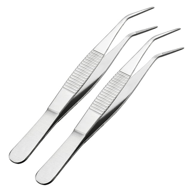 Unique Bargains 2 Pcs 5-Inch Stainless Steel Tweezers with Curved Pointed Serrated Tip
