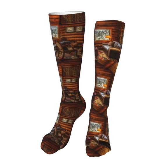 Xecao Log Cabin Inside Print Calf Socks Seamless Toe, Knee High Long Socks, Sports Socks Trouser Socks for Women and Men-One Size