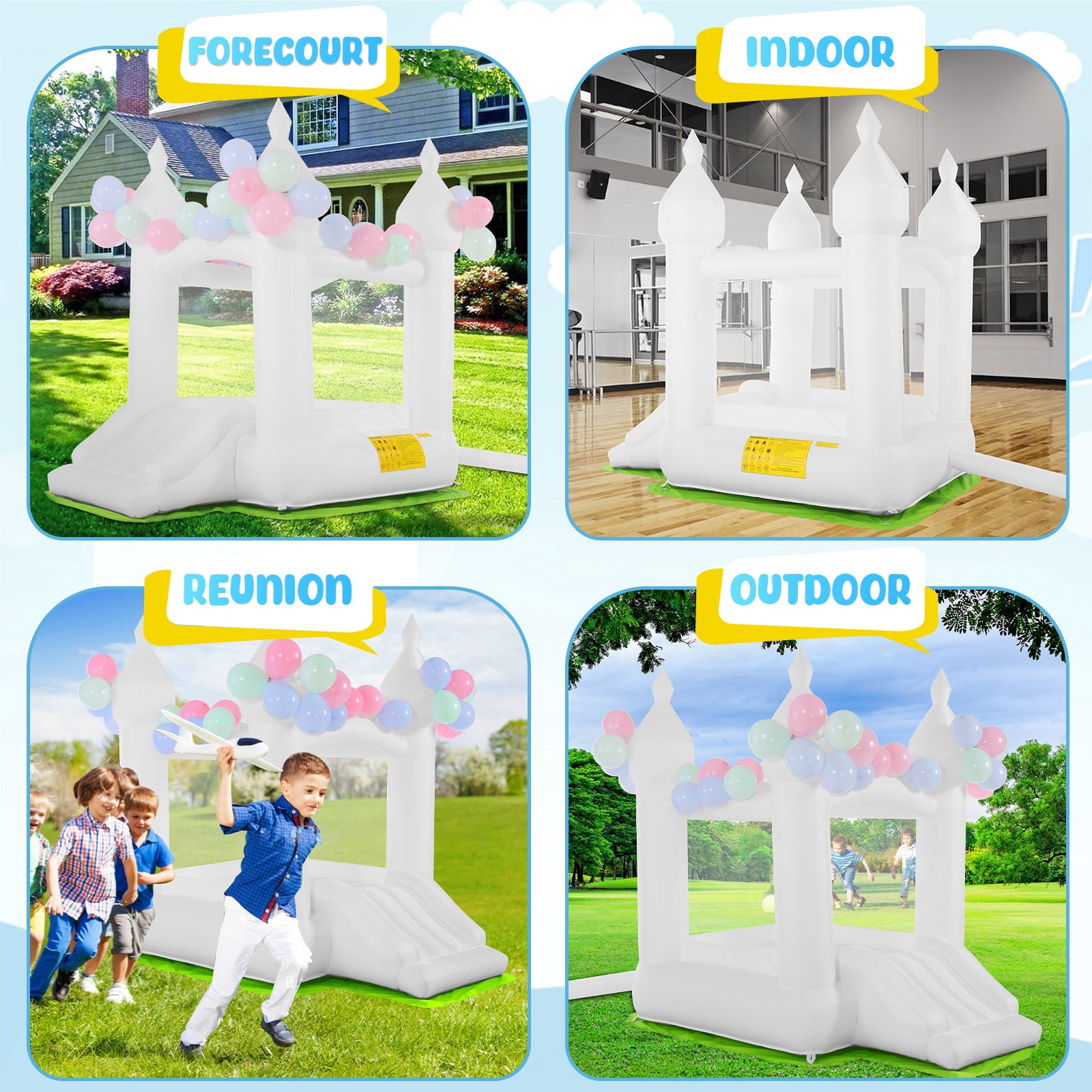 Funcid Inflatable Bounce House, Indoor Outdoor Bouncy Castle with Slide, Blower & 108 Air Balloons for Kids 3-8, 102"x70"x97", White