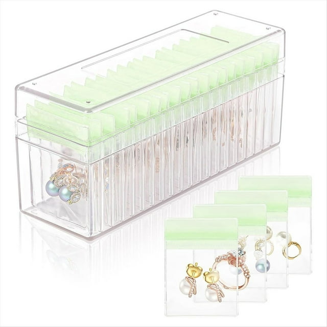 Joyero de Acrílico, Organizador de Joyas Transparente con 20 Bolsas Portátiles con Cremallera Antioxidantes, Estuche para Joyas de Viaje Verde