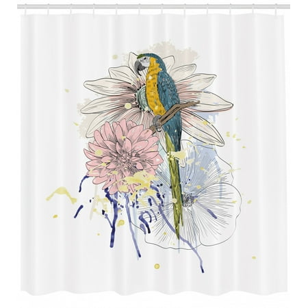 Tropical Shower Curtain Parrot Bird Sitting On Dahlia Daisy And