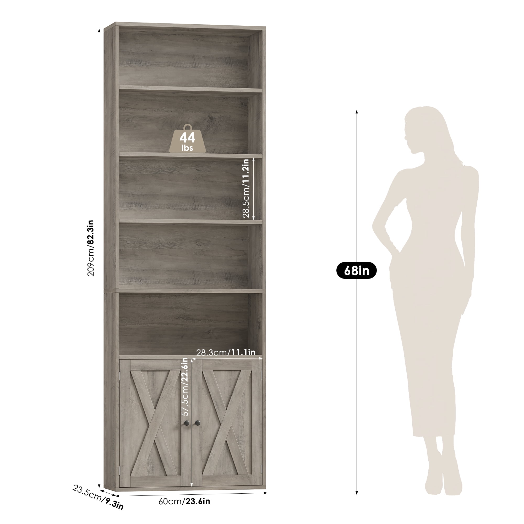 Hiphuta 81.5" Tall Bookcase with Doors, 5-Tier Bookshelves with Storage, 23.6"W Display Shelf with 2 Doors for Home Office, Living Room, Ash Grey