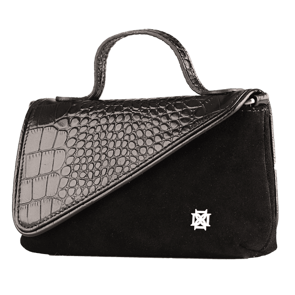 DOMINIE Crossbody Handbag /Clutch Purse Black Crocodile Embossed Leather/Suede With Removable Shoulder Strap Unisex Raquel