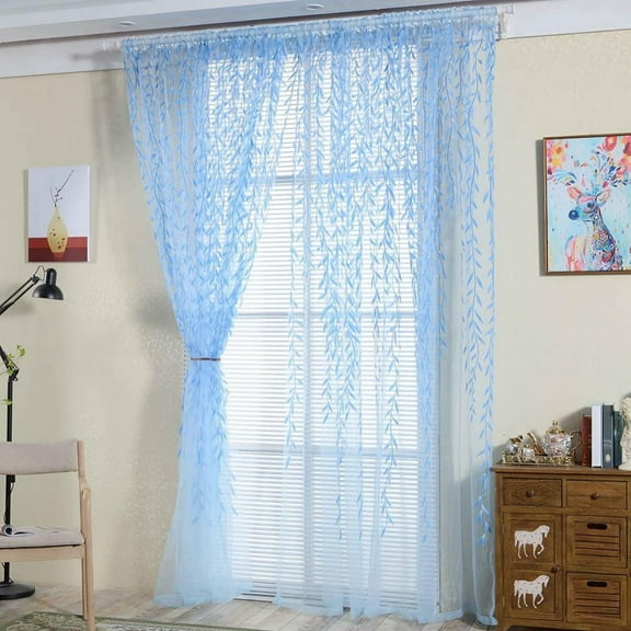 Willow Window Curtain Willow Voile Tulle Room Window Curtain Voile Tulle Room Salix Leaf Sheer Gauze Curtain Voile Panel Drapes Curtain Green Color, 39x82inch, Blue