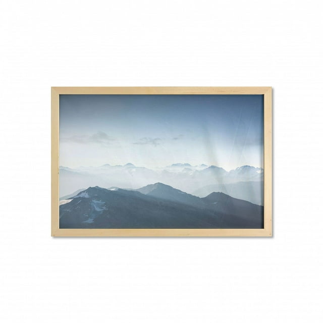 Mountain Wall Art with Frame, Foggy Scenic Morning in Rock Mountain Region in Northern Hiking Climbing Ice Photo, Printed Fabric Poster for Bathroom Living Room, 35" x 23", Pale Blue, by Ambesonne