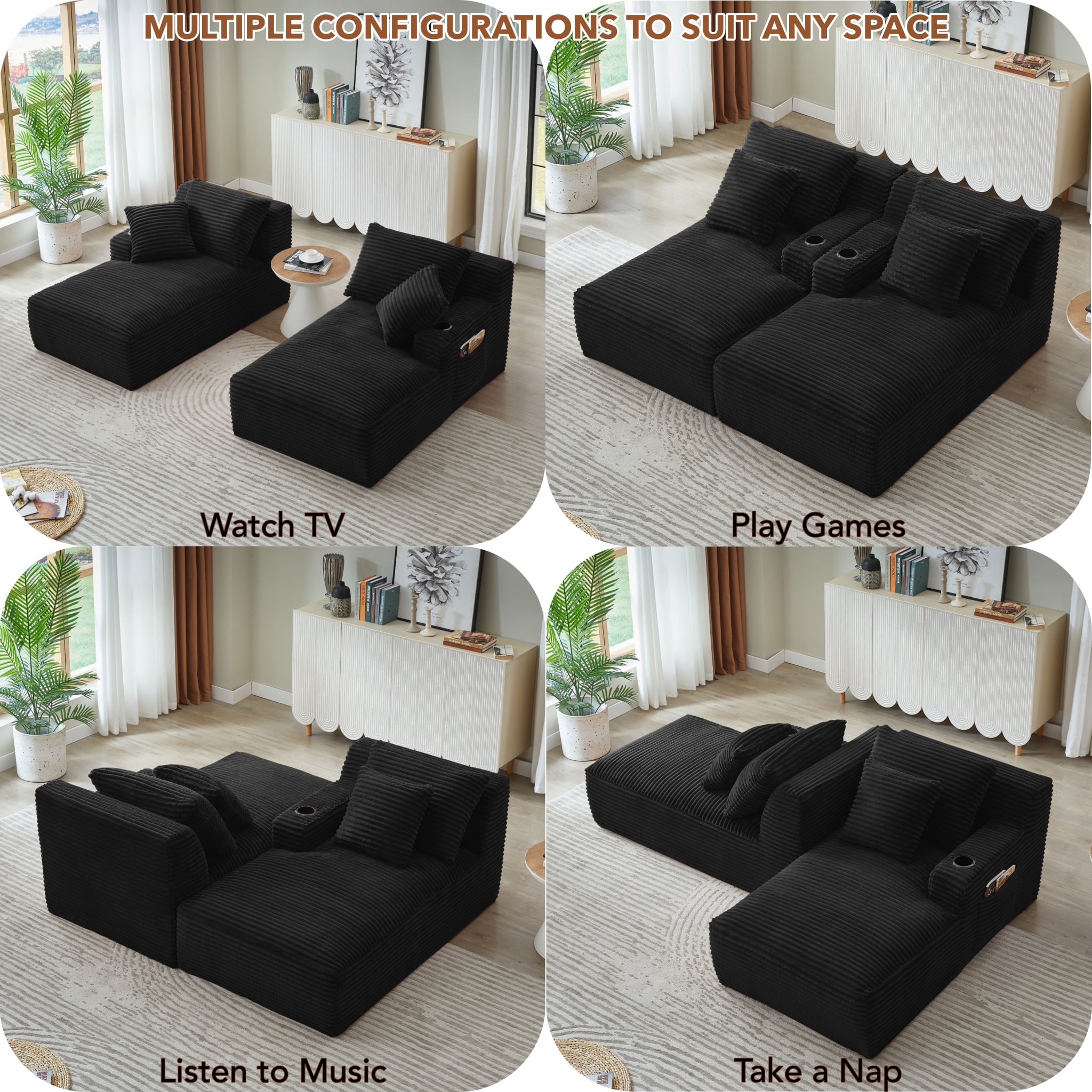 Modular Double Chaise Lounge Chair Indoor, 71" Wide Striped Corduroy Couch Set with Cup Holders & Storage Pockets for Living Room Home Theater, Black