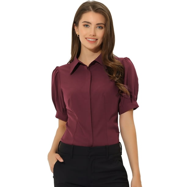 Camisa abotonada de oficina de trabajo Allegra K de algodón con cuello de manga abullonada para mujer Rojo Oscuro XS