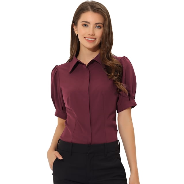 Camisa abotonada de oficina de trabajo Allegra K de algodón con cuello de manga abullonada para mujer Rojo Oscuro XS