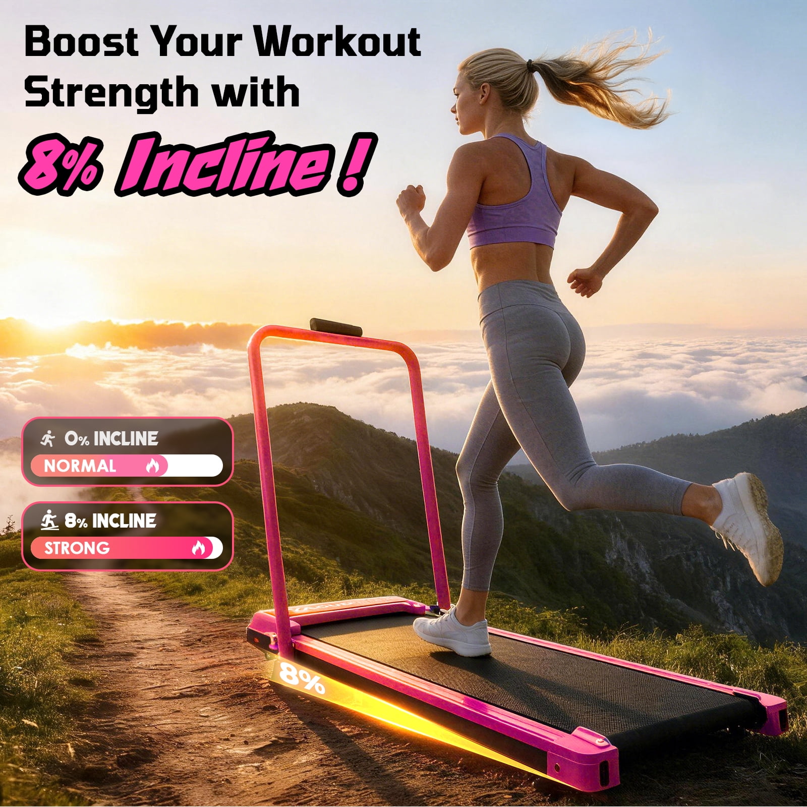 Yagud Walking Pad Treadmill with Handle Bar and Adjustable Incline, 3.8HP Portable Electric Treadmills with Wheels for Home, Home Treadmills with Incline, 0.5-3.8MPH, Bright Red