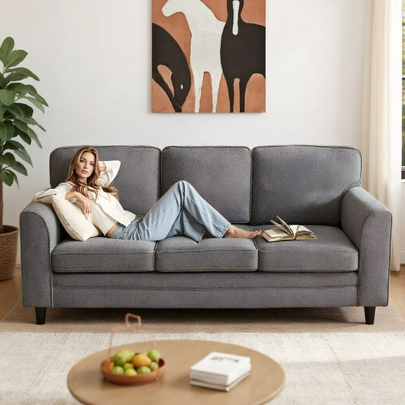 GVN Upholstered Teddy Velvet 3-Seat Sofa with Comfy Back Pillows-Gray