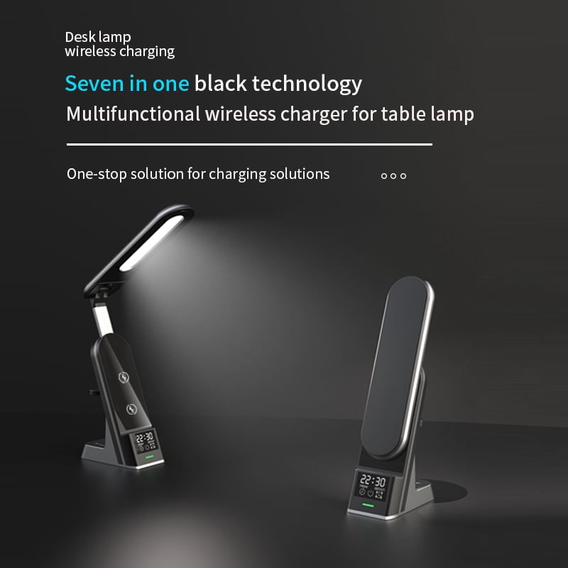 7-in-1 Smart Wireless Charging Station with Eye-Care Desk Lamp & Digital Alarm Clock, 15W Fast Charger for iPhone17/ 16/15/14/13, Apple Watch 1-9/Ultra/SE, AirPods Pro, 180° Foldable Desktop Organiz