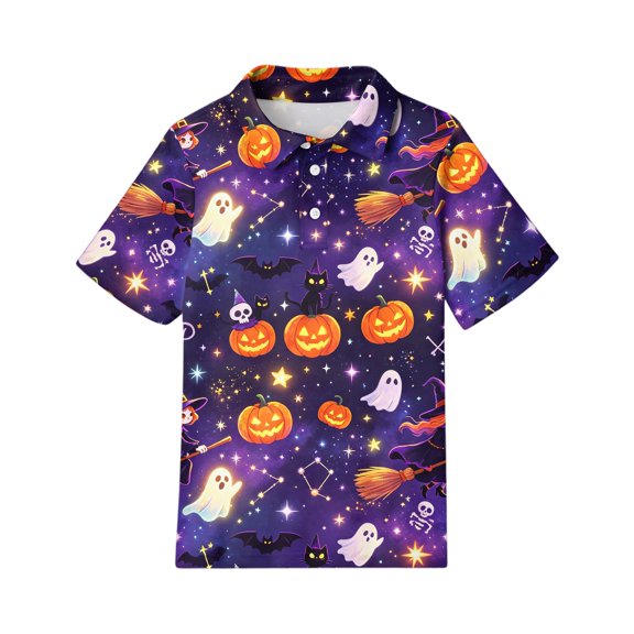 Grblisyd Halloween Shirts for Girls Polo Shirt with Cute Ghost Print Collared Short Sleeve Uniform Tops Summer Casual Cooling Kids Clothes