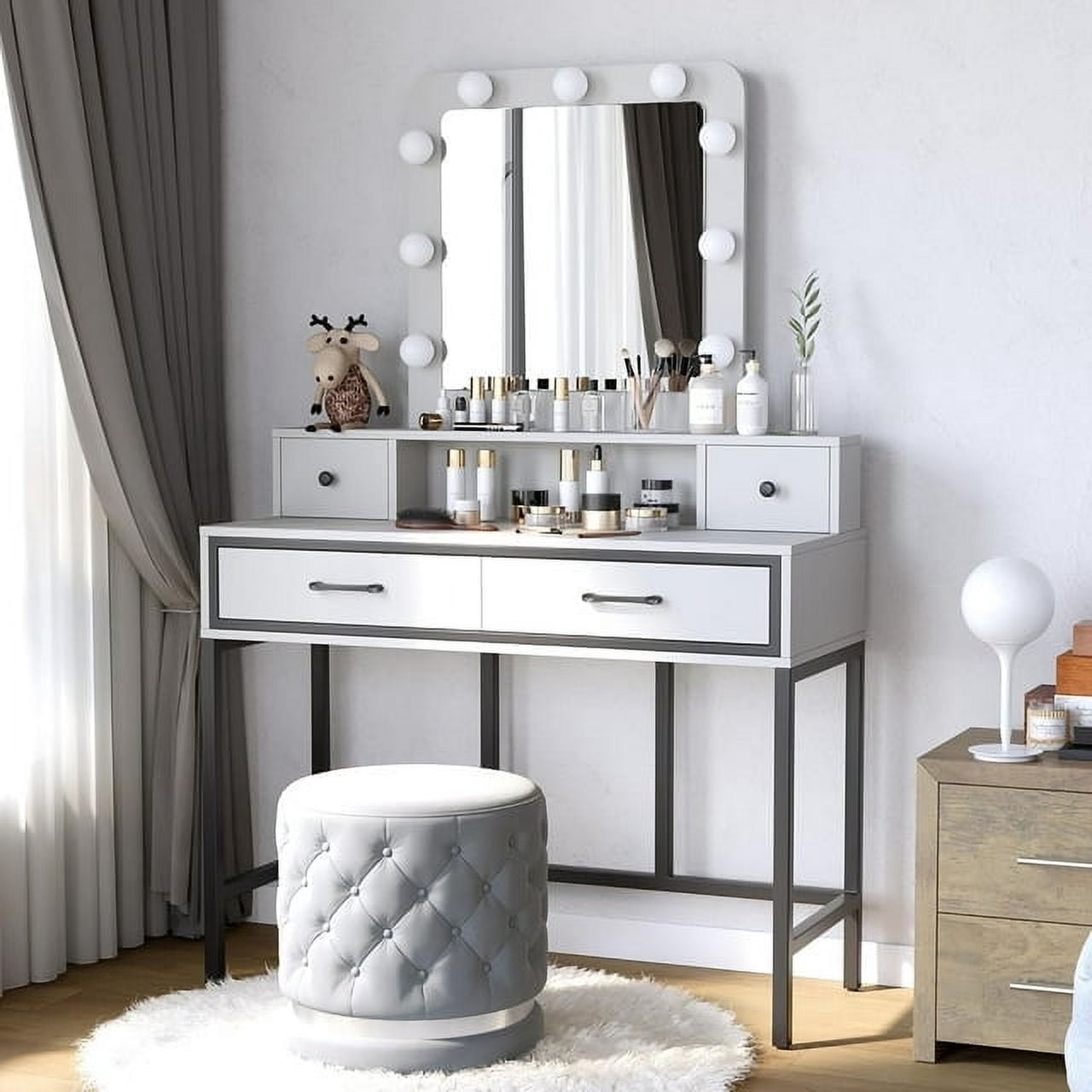 Heynemo Makeup Vanity 3 Color Hollywood Mirror with Dimmable Lighted, Vanity Table with 4 Drawers for Women Girls, Dressing Desk for Bedroom, Beauty Room, White