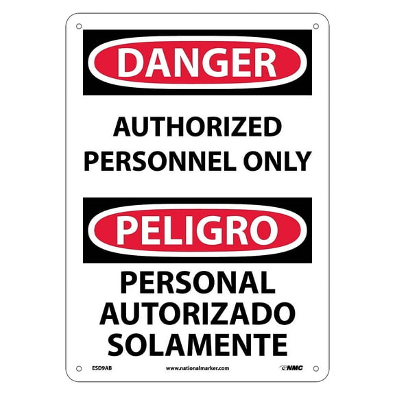 National Marker Authorized Personnel Only Bilingual 14X10 .040 Aluminum Danger Sign ESD9AB