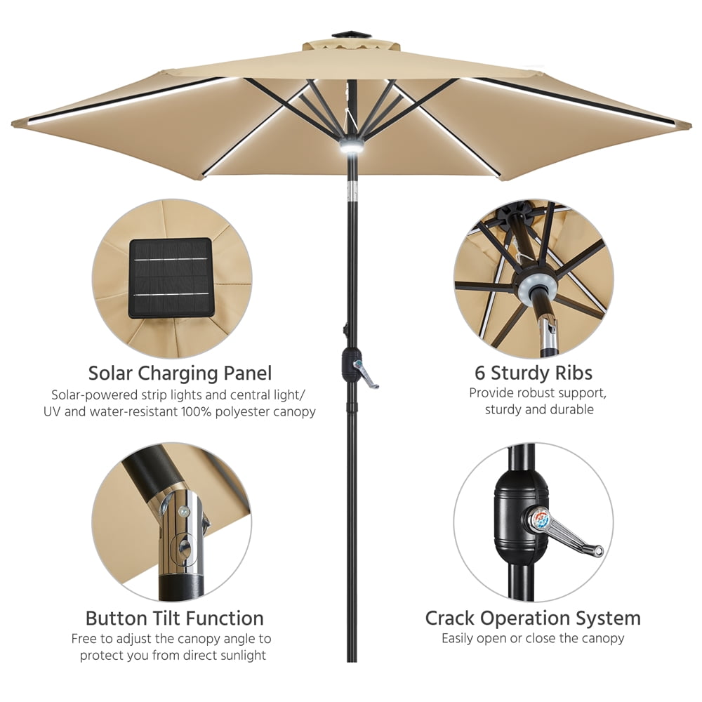Yaheetech 9ft Patio Umbrella with Solar Powered LED Lights Strips and Central Light, Tan