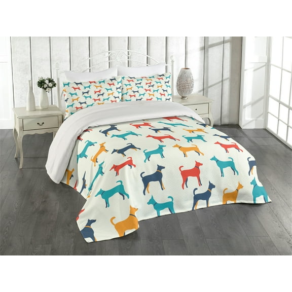 Ambesonne Colorful Quilted Coverlet 3 Pcs, Retro Dog, King Size, Grey Red Teal
