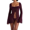 thumbnail image 1 of VISgogo Camisa de playa con amarre para mujer, estampado floral/manga acampanada de color sólido con cuello cuadrado VISgogo moda, 1 of 7