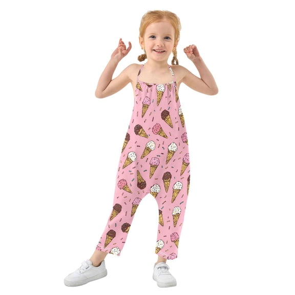 Girls' Jumpsuits Rompers Summer Casual Sleeveless Rompers With Pockets Spaghetti Strap Romper Ice Cream Cones Pattern 1T