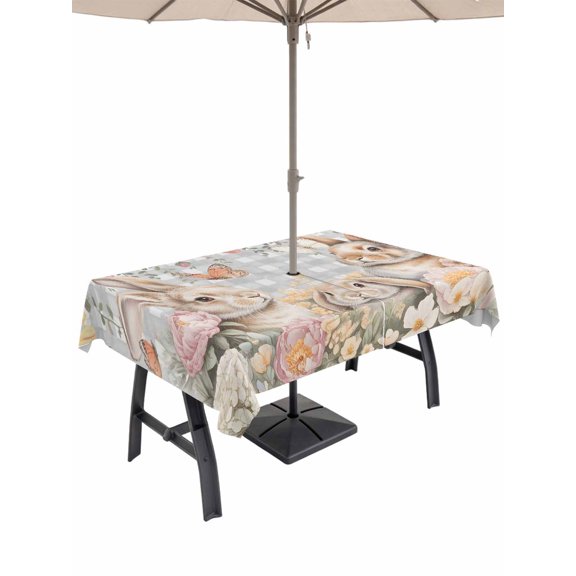 Easter Rabbits Outdoor Tablecloth - 60x102 Inch Rectangle Dining Table Cover, Spring Floral Butterfly Animal Gray Plaid Waterproof Outdoor Table Cloth with Umbrella Hole & Zipper for Picnic/Patio