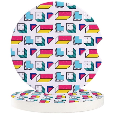 FMSHPON Geometric Memphis Retro Style Pattern Set of 6 Car Coaster for Drinks Absorbent Ceramic Stone Coasters Cup Mat with Cork Base for Home Kitchen Room Coffee Table Bar Decor