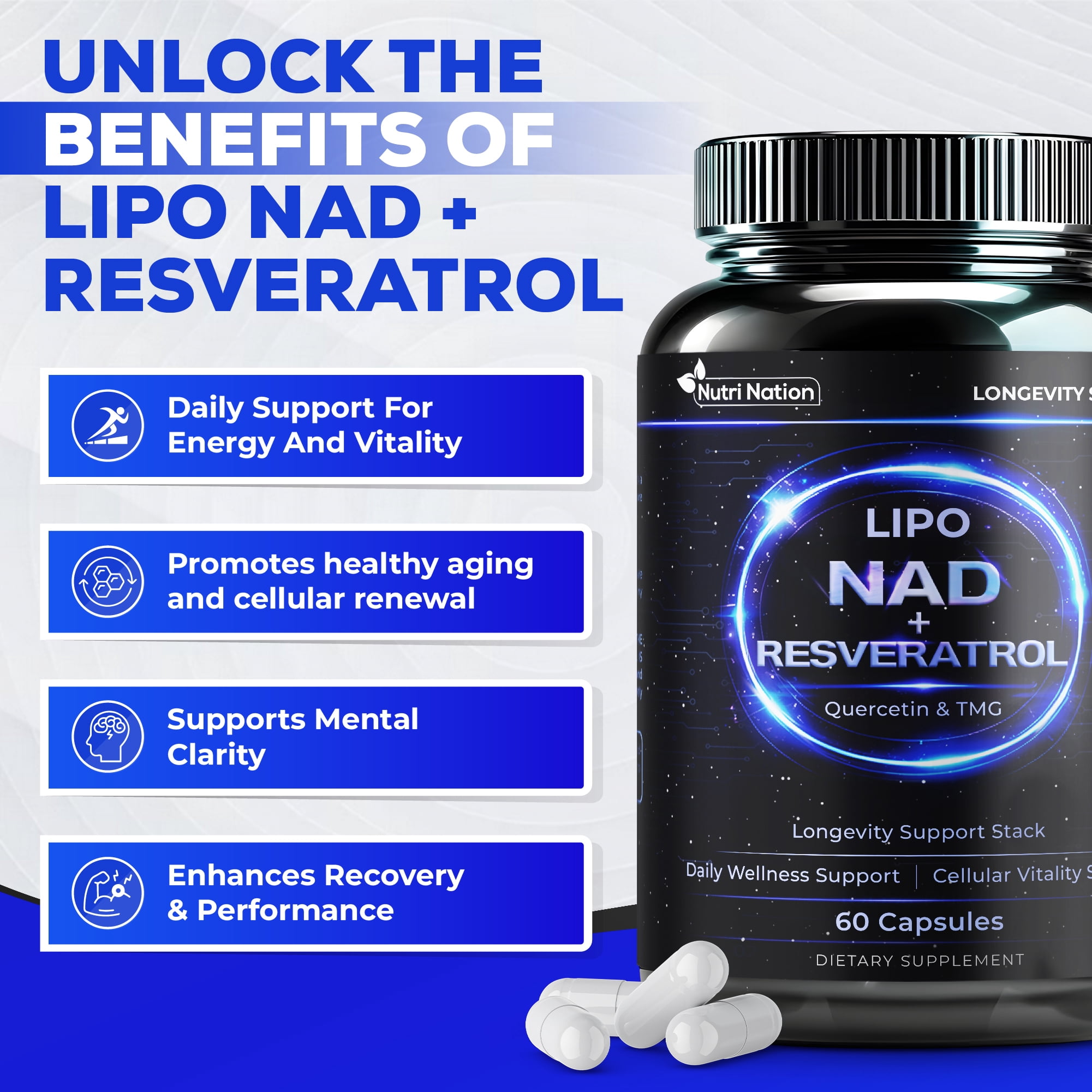 Liposomal NAD Supplement with Resveratrol, Quercetin and TMG for Anti Aging and Cell Regeneration, 3 Bottles, 180 Capsules