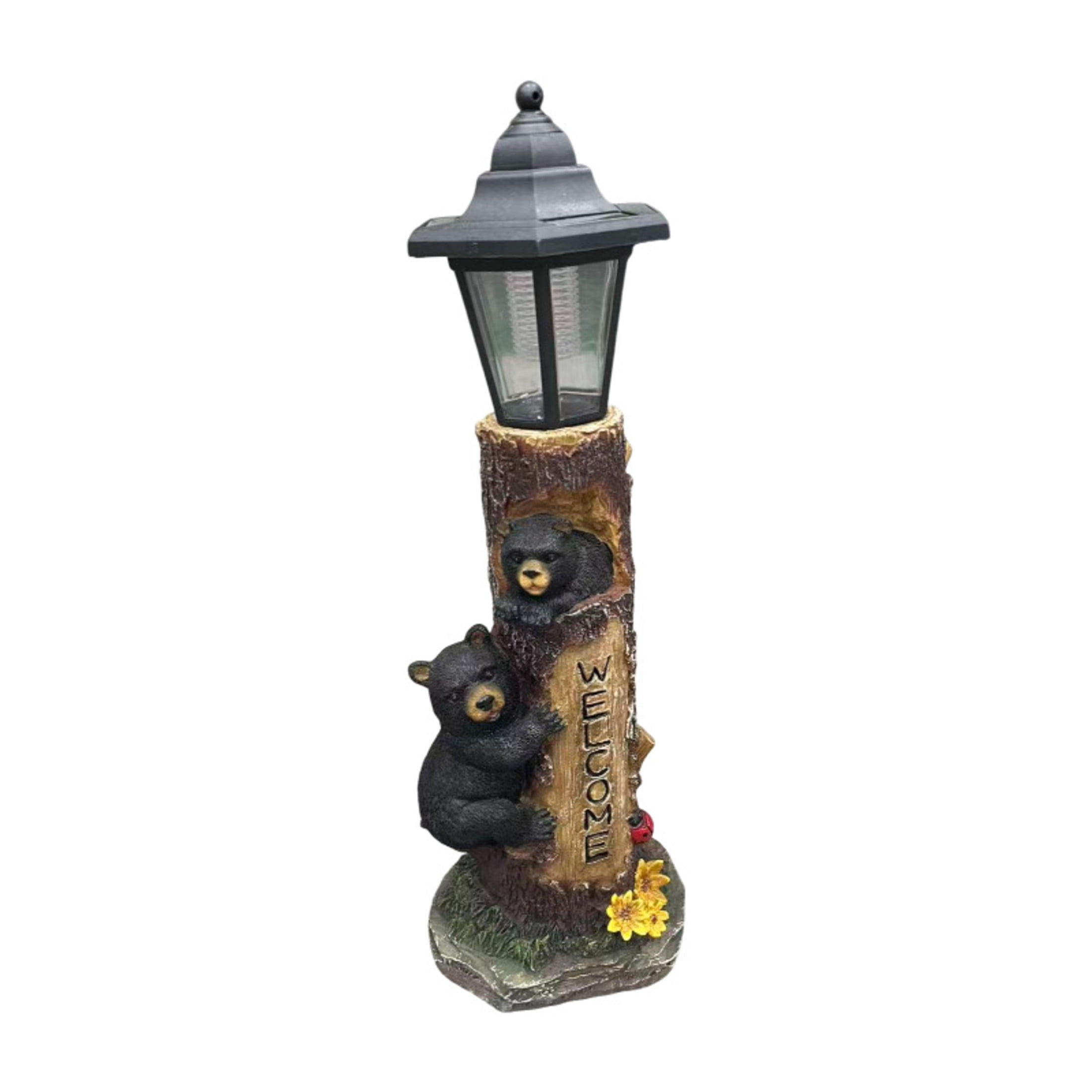 GDF Studio 18" Bear Family Tree Statue with Solar-Powered Light and Welcome Sign for Courtyard, Garden and Patio, Brown