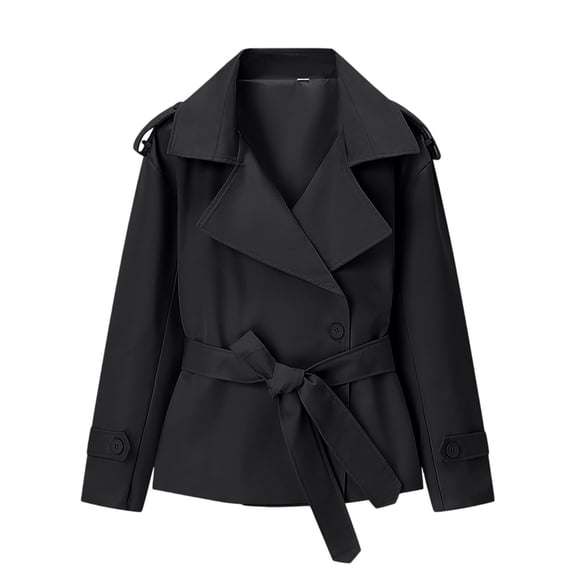 Cropped Trench Coat for Women Lapel Collar Belted Button Blazer Casual Trendy Elegant Office Fall Jacket, XL