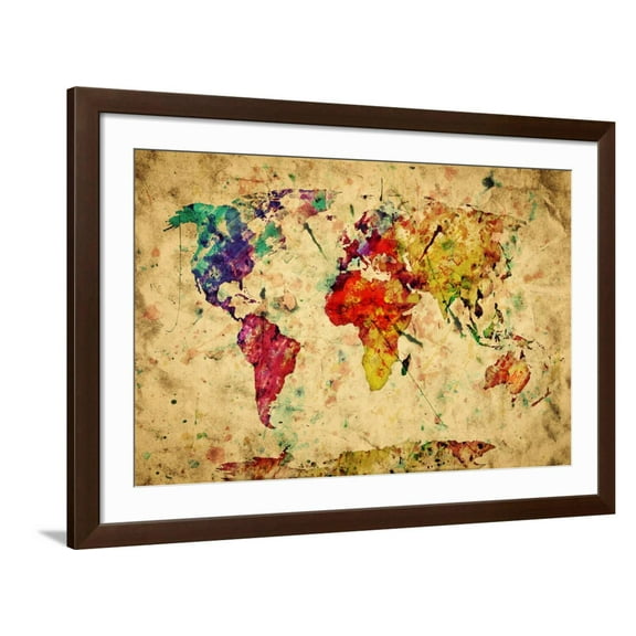 Art.com Vintage World Map Art Print by Michal Bednarek, Brown Frame Wall Art, 44" x 32"