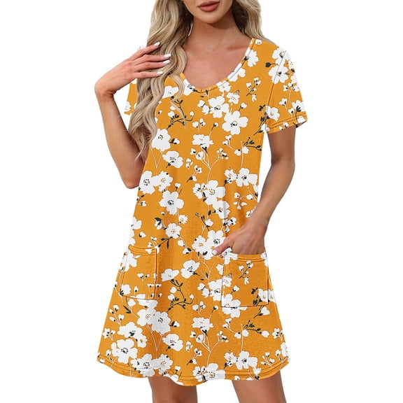 GaThRRgYP Summer Short Sleeve Dress,Women's Fashion Summer Print Short-sleeved V-neck Casual Dress Gold S