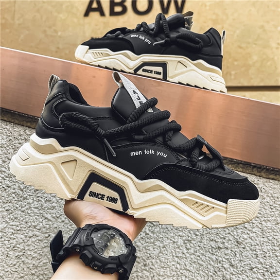 Men's Chunky Platform Sneakers, Thick Rope Lace-Up Casual Walking Shoes, Retro Shoes