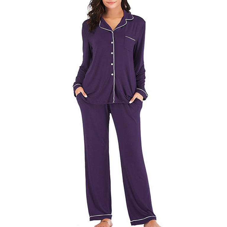 Efsteb Womens Two Piece Sleepwear Set Single-breasted Pajamas Fall Winter  Long Pants Homewear Pajama Set Purple XL 