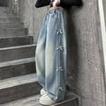 thumbnail image 2 of Leey-World Girls Pants Baggy Jeans for Girls Cute Kids Bow Embroidery Wide Leg Denim Pants High Waist Trousers Y2k Tween Clothes 7-13Y(Blue,13-14 Years), 2 of 6