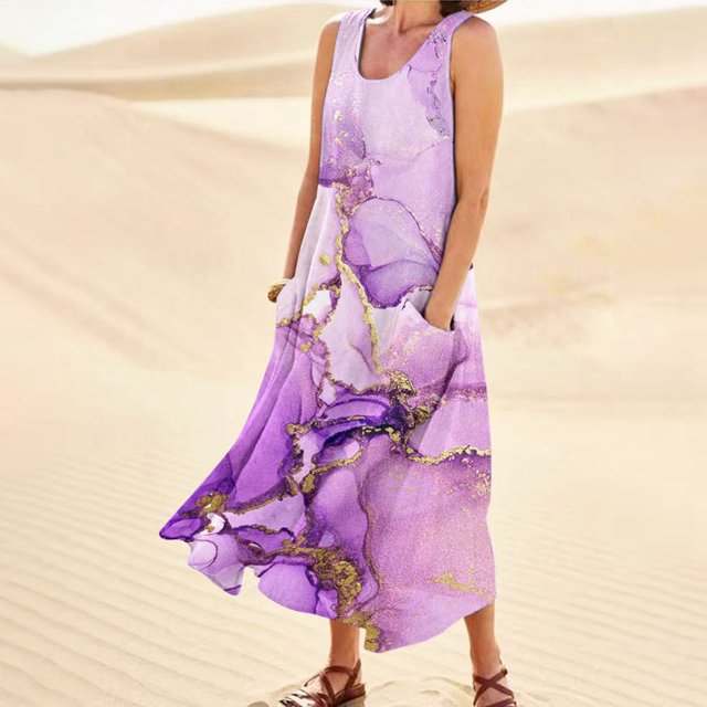 WILLBEST Robe Évasée Femme Imprimée Col Rond Poches Décontractée Longue Robe Quotidienne